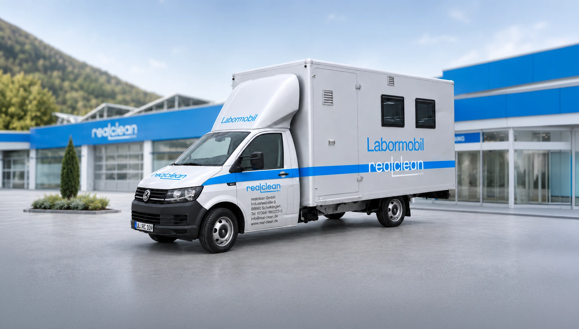 Das Labormobil der realclean GmbH vor dem Firmengeb&auml;ude