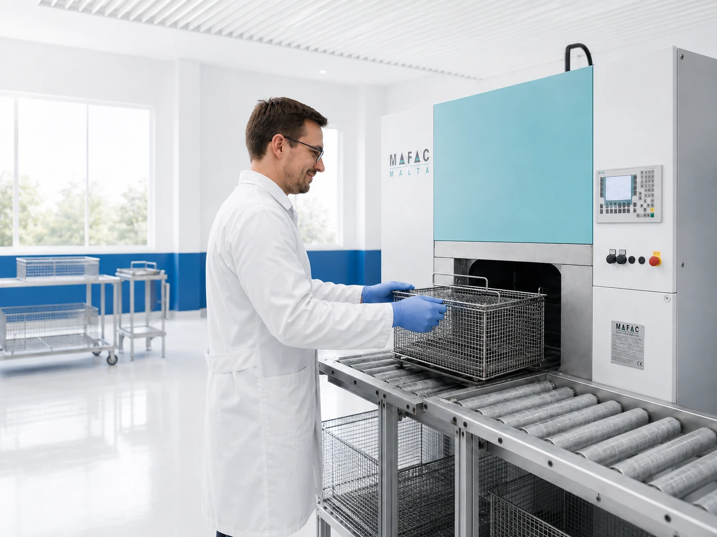 Mitarbeiter an einer Anlage zur Bauteilreinigung im realclean Pr&uuml;flabor