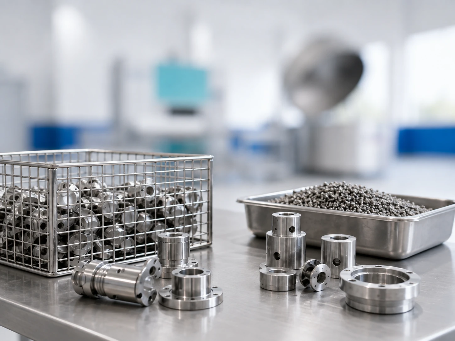 Kleine technische Metallteile und Schüttgut in Edelstahlbehältern