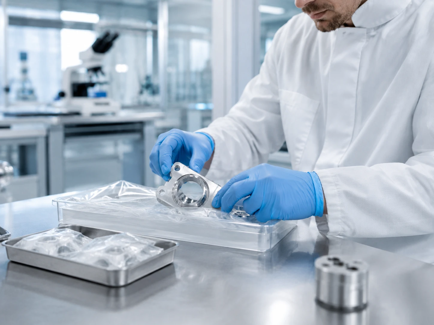 Mitarbeiter bei der Probenahme und dem Handling eines Bauteils