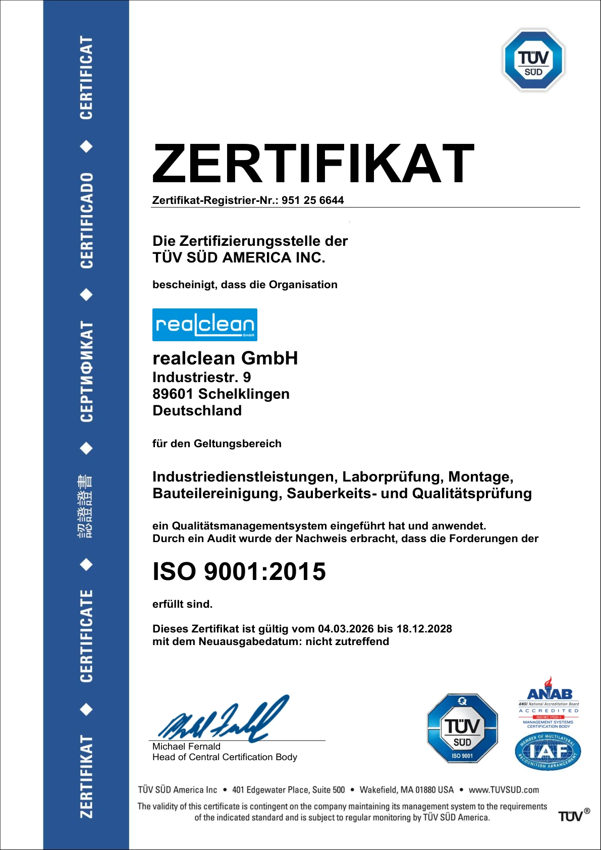 Vorschau des DIN EN ISO 9001:2015-Zertifikats