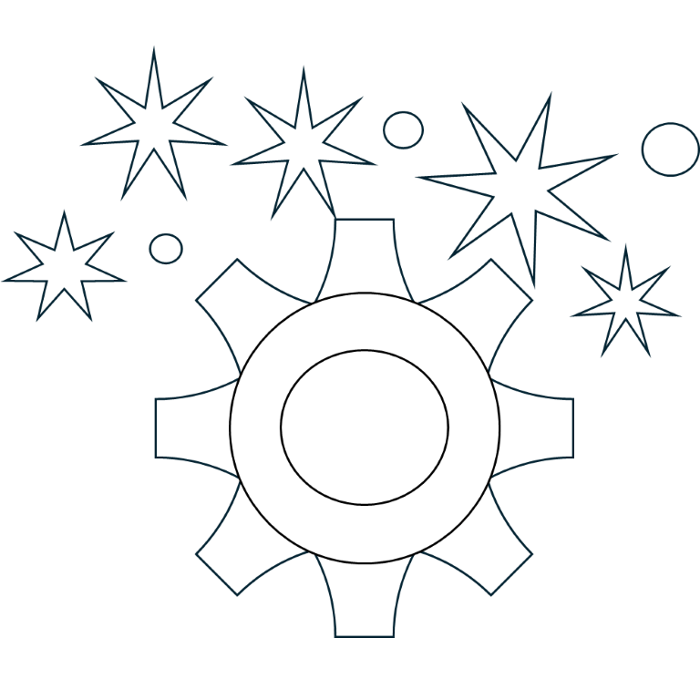 Ein Zahnrad-Icon mit Blasen und Sternen für die Bauteilsauberkeit.