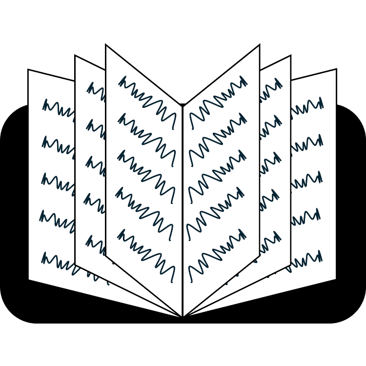 Ein Icon mit einem schwarzen Buch mit aufgeschlagenen und beschrifteten Seiten.