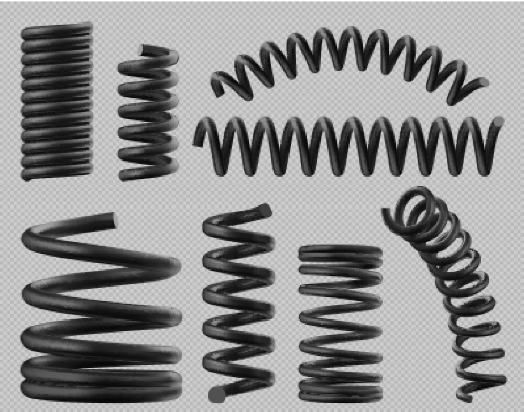 Schwarze Spiralfedern in unterschiedlichen Ausführungen.
