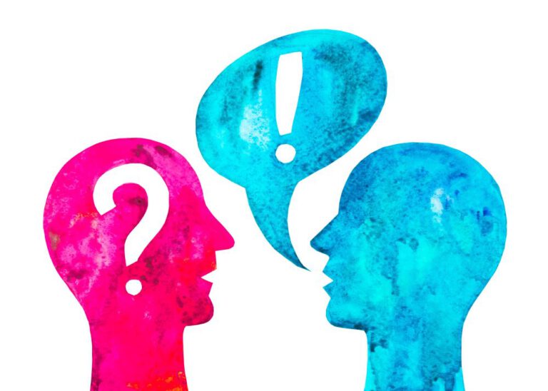 Roter Kopf mit weißem Fragezeichen neben einem blauen Kopf mit einem weißen Ausrufezeichen in einer blauen Sprechblase.